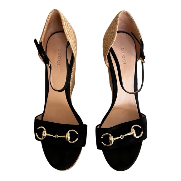 Gucci Horsebit  Suede Wedge Espadrille Platform Wedge Black Suede Sandals S 40 - Picture 3 of 10